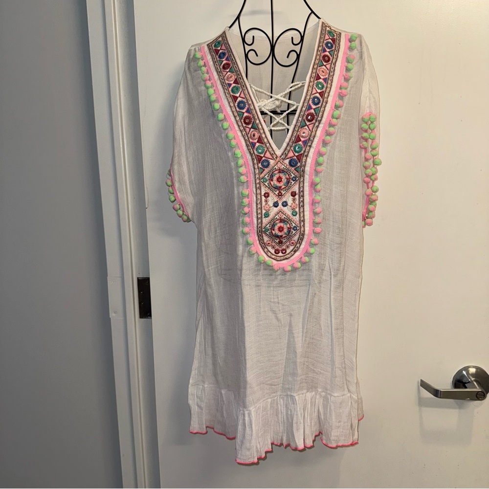 NWT Embroidered White Coverup with Pink Accents